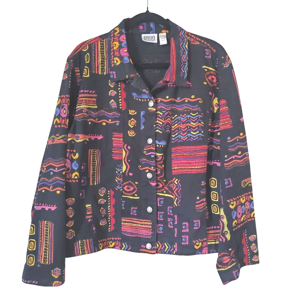 Chico's 3 Black Multi Color Abstract Print Button Up Denim Jacket XL Art To Wear